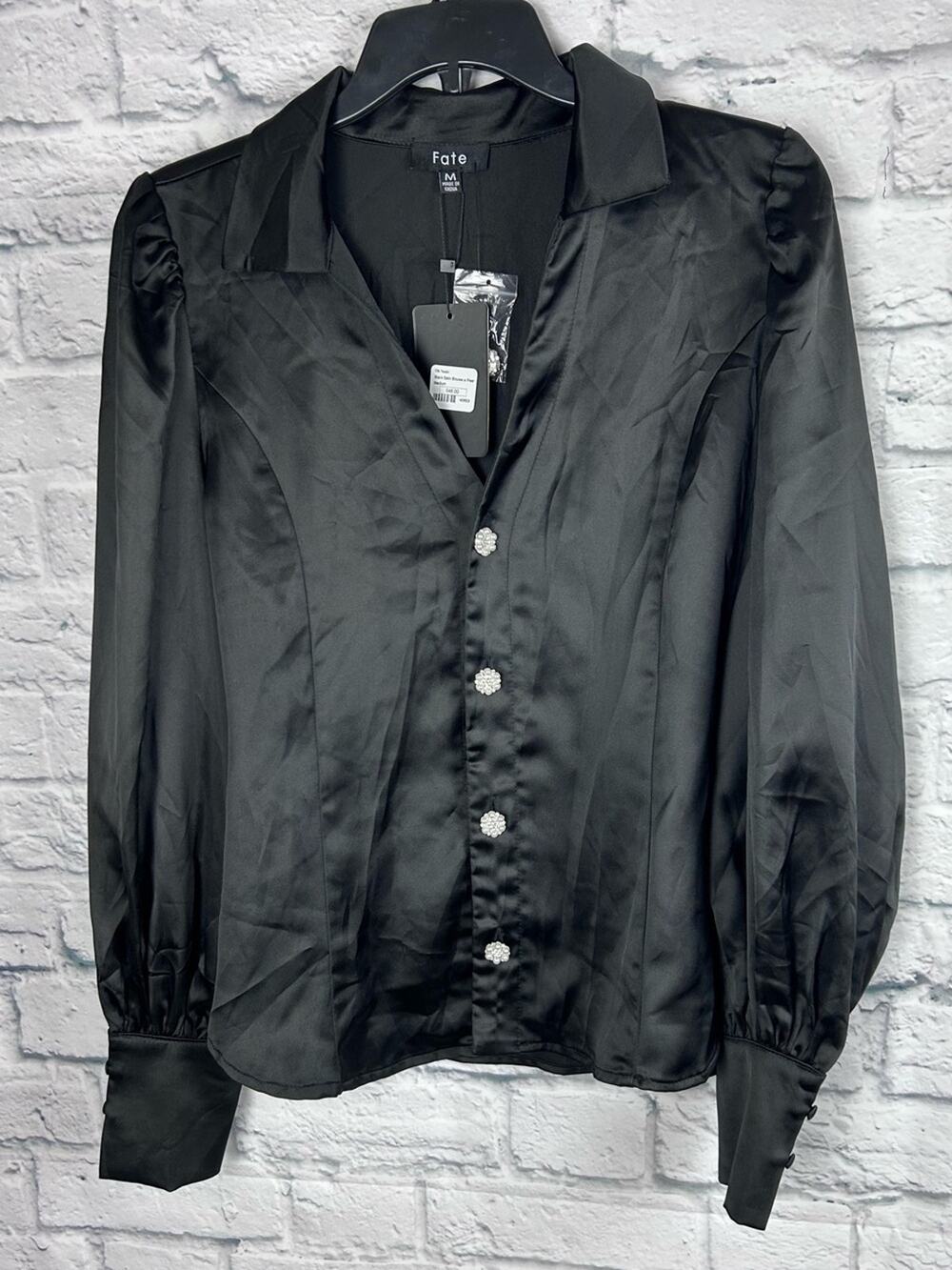 Fate Black Satin Blouse Pearl Button Puff Sleeve Collared Top Medium NWT